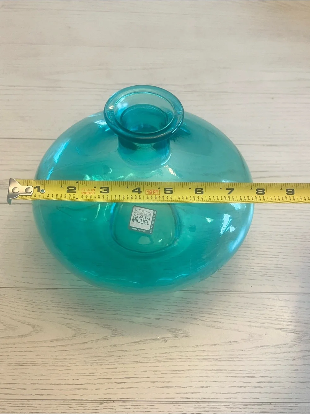 San Miguel Made in Spain Recycled Glass Round Flat Teal Vase- NWT!